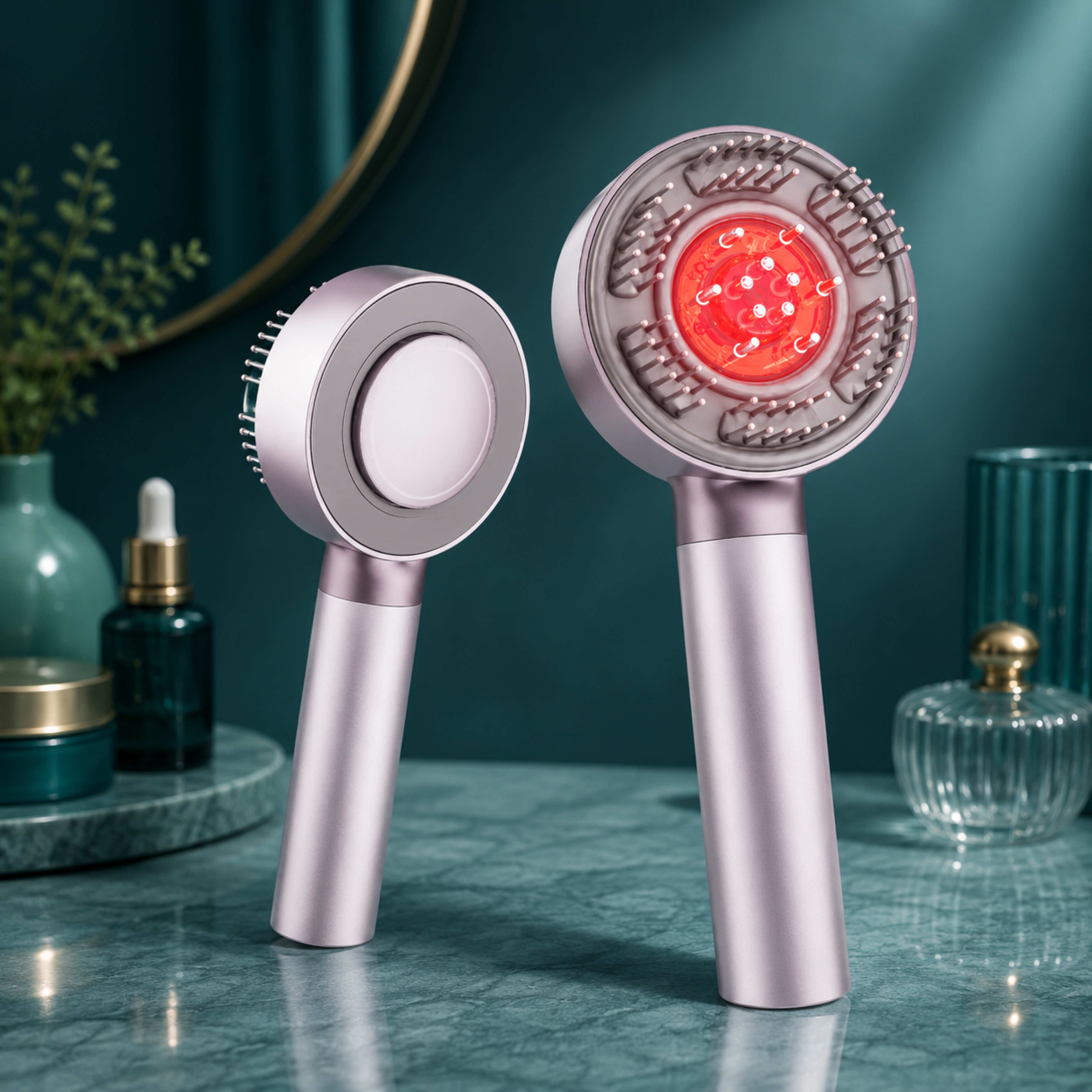 Hårkam med rött ljusterapi – LED-ljus, vibrationsfunktion och oljedispenser