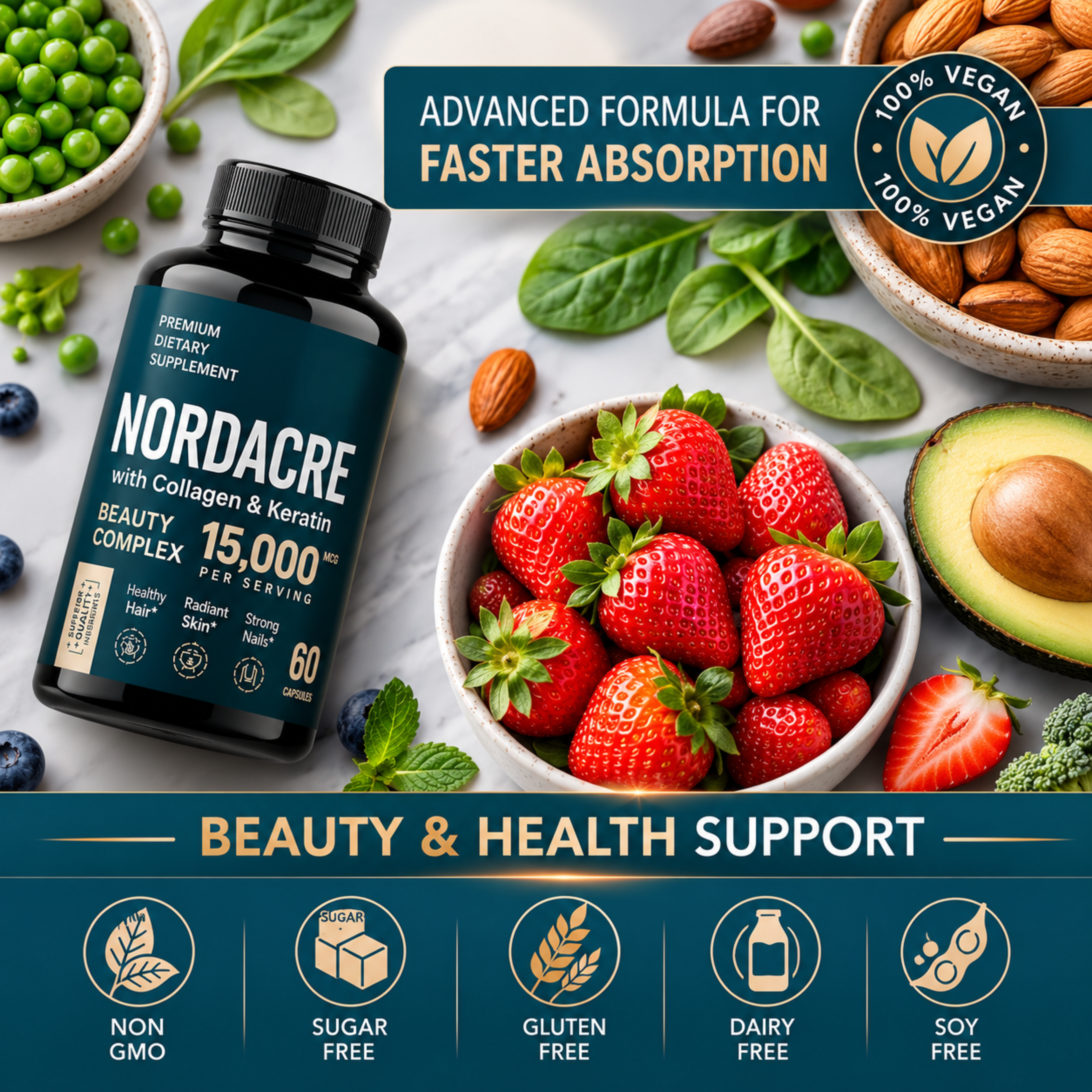 Biotin 10 000 mcg & Kollagen Hårtillväxt Tillskott – 60 Kapslar